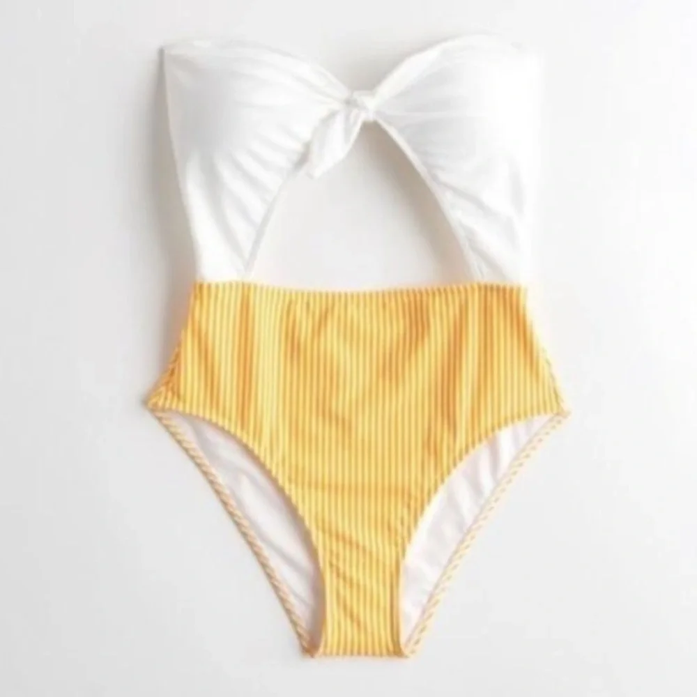 NWT Hollister Yellow and White One Piece High Rise Cut-Out Swimsuit Sz M_11
